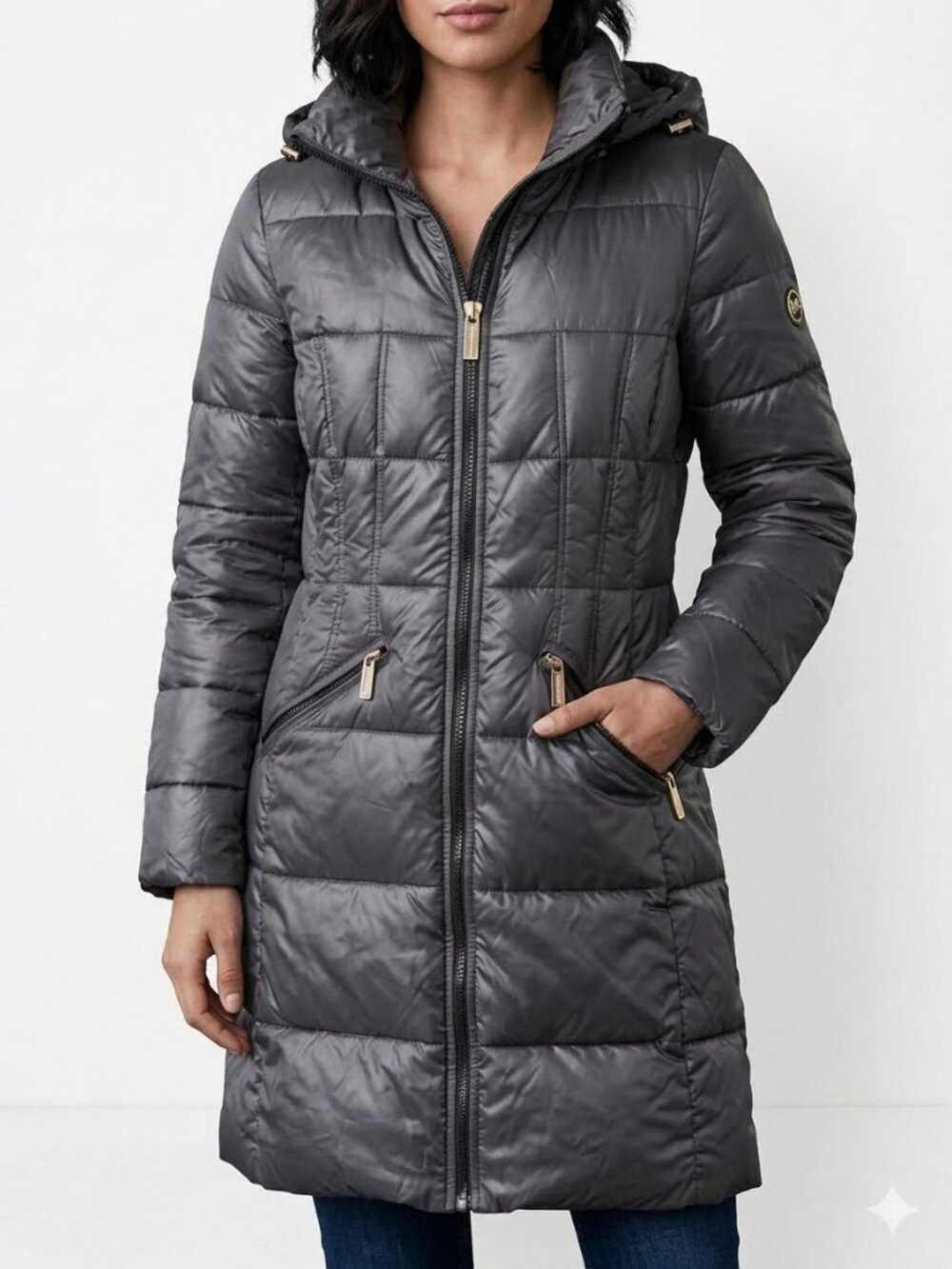 Michael Kors Gray Hooded Long Puffer Removable Hood Coat Jacket Parka Women's XS
